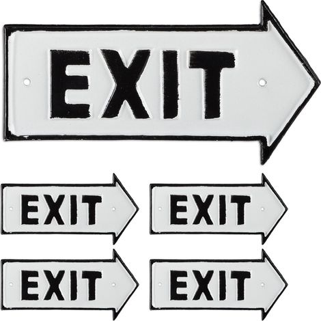 5 x Exit Schild, Dekoschild für Wand & Tür, Antik-Design, Pfeil rechts, Beschilderung, Gusseisen, weiß/schwarz
