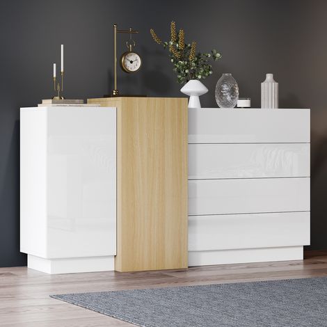 Aparador blanco lacado 140 x 35 x 76,5 cm con 4 cajones y 2 puertas MDF DESVIAE (1/5)
