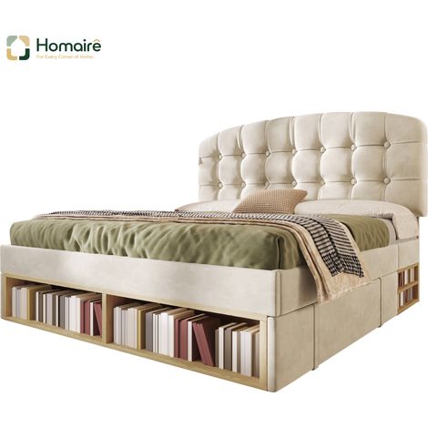Cadre de lit en velours beige avec rangement 207 x 151 x 120 cm HOMAIRE (1/5)