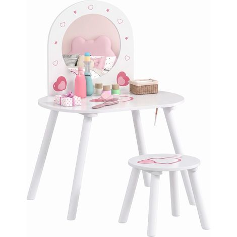 AIYAPLAY tocador infantil con taburete y espejo, tocador para niñas con dibujos de corazones, mesa de maquillaje para niños y niñas de 3-6 años blanco (1/5)