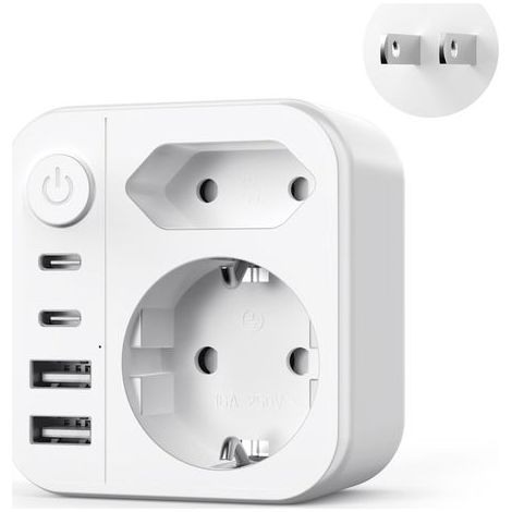 6 en 1 Adaptateur Prise Japon, 2500W Adaptateur de Voyage Japon avec 2 USB C et 2 USB A,Connecteur Schuko vers Type A pour USA, Chine,Canada,Thaïlande (1/5)