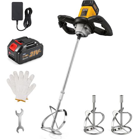 Mixer Mortar Cordless Glue Mixing Machine Coated (with 3A Battery1) Concrete Mixer with M14 Connector, 2 Mixers, 6 Speed, Universal Interface for Batteries (1/5)