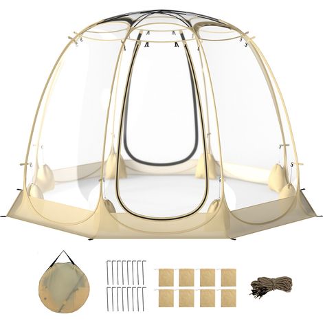 Tente bulle beige en PVC transparent avec montage instantané, vue panoramique, 2 portes et fenêtres, pour jardin, terrasse (1/5)