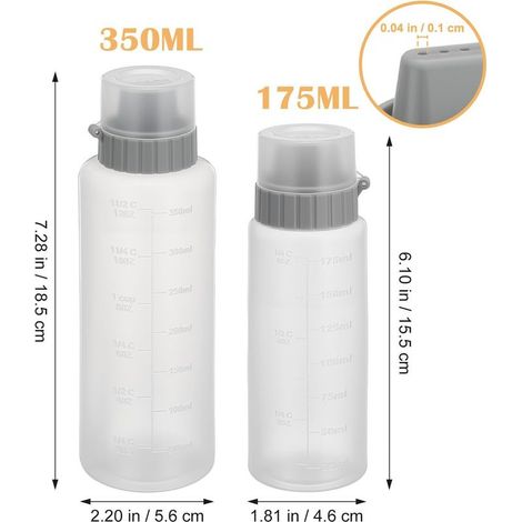 Lot 2 flacons doseurs à condiments avec graduation, 350 ml et 175 ml, en plastique gris, pour ketchup, vinaigrette, miel, usage nomade en cuisine (1/4)