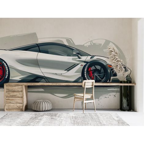 Papier peint voitures - voiture de sport blanche sur fond clair - 150 x 250 cm (1/2)