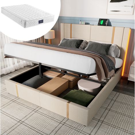 lit coffre 160x200 LED USB-C en lin beige HAVRYA (1/5)