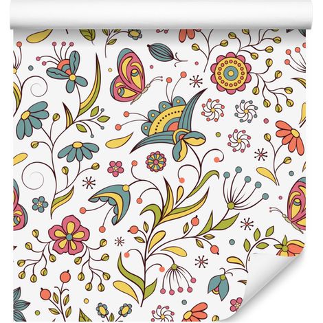 Carta da parati con fiori bianchi, grigio chiaro e beige per soggiorno e camera da letto 50x1000 cm (1/5)