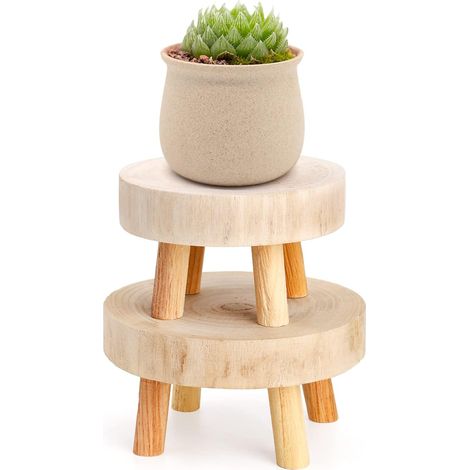 Ensemble de 2 mini tabourets en bois - Socles décoratifs style bohème - Pieds bas pour bougies, plantes d'intérieur et objets de décoration - Conviennent pour un comptoir ou un bureau (1/5)