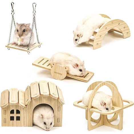 Lot de 5 jouets en bois pour hamsters, comprenant une cachette, une maison, un pont à bascule, une balançoire, des jouets d'entraînement, des accessoires de décoration pour cage et une aire de jeux po (1/5)