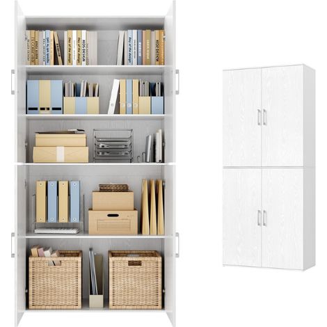 Placard multifonction 80 x 40 x 180 cm 4 portes 5 niveaux rangement bureau design contemporain en aggloméré blanc neige (1/2)