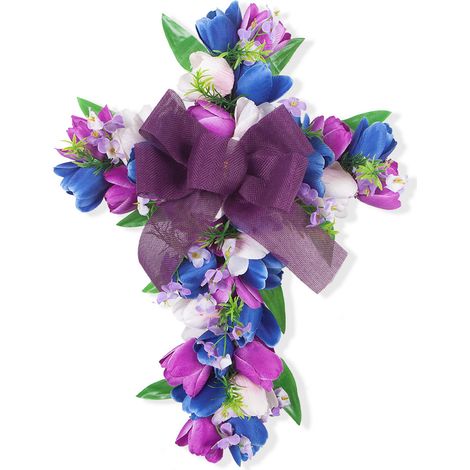 Osterkranz mit gekreuzten Tulpen, künstliche Blumengirlande für Wohnzimmer und Essbereich, blau und lila (1/2)