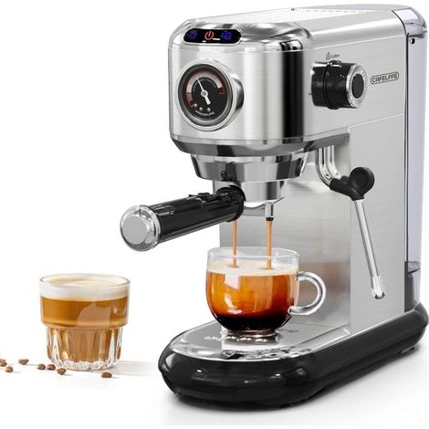 Machine à espresso MK-601 20 bars, machine à espresso en acier inoxydable avec mousseur à lait et manomètre, pour café moulu ou dosettes ESE, réservoir d'eau de 1,1 L, argent (1/5)