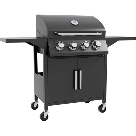 Outsunny Gas Grill Portable BBQ Trolley w/ 4 Wheels and Side Shelves 132cm x 60cm x 109cm