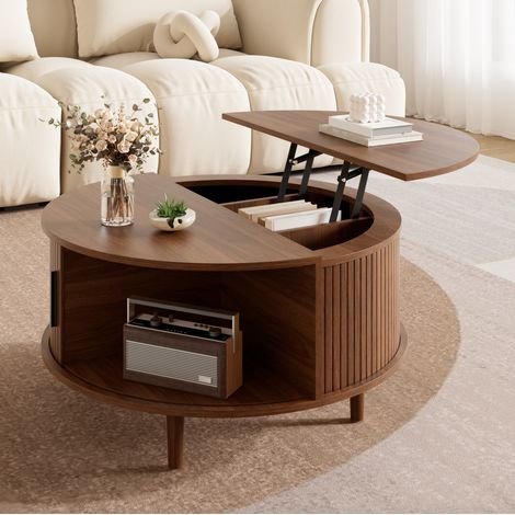 MODFU – Mesa de centro redonda 80x80x59 cm de MDF nogal con tablero elevable y puerta corredera – Nogal (1/5)