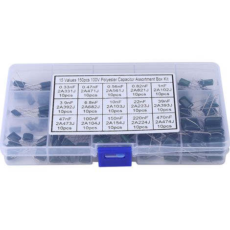 150pcs 100V 15 Value 0.33nF-470nF Polyester Film Capacitors Assortment Kit Box