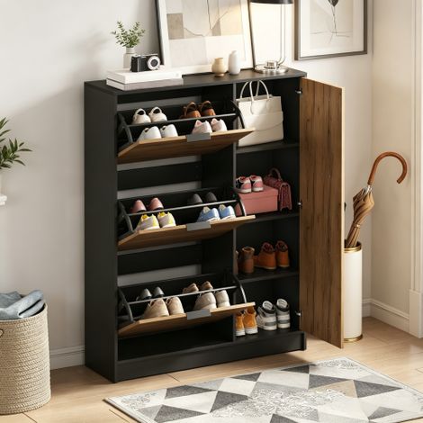 Meuble à chaussures, 100x30x130 cm, MDF, avec 3 étagères rabattables et 1 étagère avec porte, peut contenir jusqu'à 12 paires de chaussures, couleur bois naturel + noir (1/5)