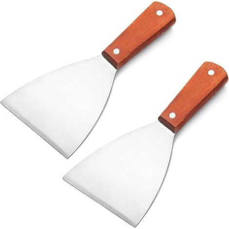 Set di due pezzi in acciaio inox, composto da spatola e raschietto per barbecue con bordi smussati: utensili a lama piatta adatti per i carretti di cibo.