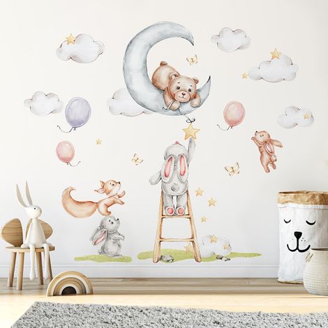Stickers muraux Sticker Mural Autocollant - ANIMAUX LAPINS ET LEURS AMIS DE LA FORÊT AQUARELLE - Stickers adhésifs - 60x90cm (1/4)