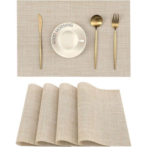 Set mit 4 beigefarbenen Platzsets, rutschfest, hitzebeständig, abwaschbar, aus strapazierfähigem, gewebtem Vinyl (beige, 45 x 30 cm)