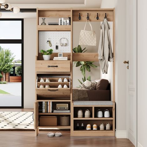 Vestíbulo 108,5 x 35 x 180 cm - Mueble de pasillo multifuncional con banco, percheros y panel perforado - Natural y blanco (1/5)