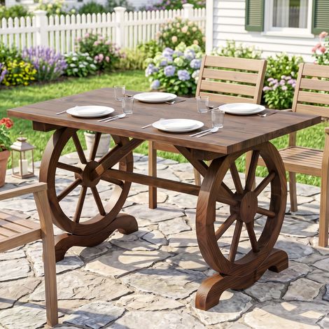 Table de Jardin Style Campagne avec Pieds Roulettes, en Pin Traité Résistant aux Intempéries, 110x60x65 cm (1/5)