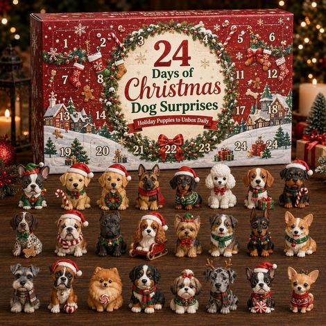 Hunde-Adventskalender 2026 – 24-teilig – weiß, braun, schwarz, rot, grün – Acryl – 28 x 20 cm – verschiedene Welpen-Weihnachtsbaumhänger – Weihnachtsbaumschmuck – geeignet für Weihnachten und als Deko (1/5)