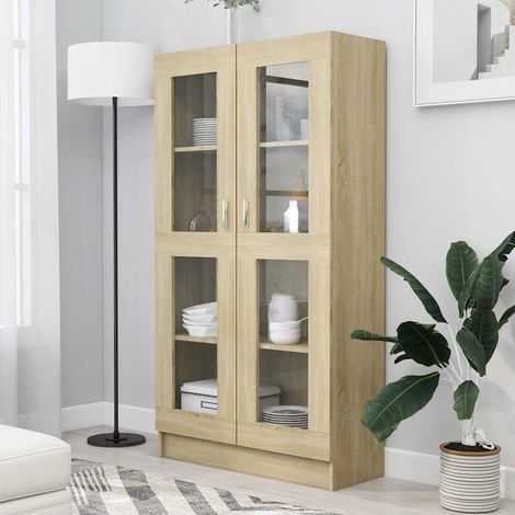 Armoire vitrine avec 4 compartiments et 2 portes, bois d’ingénierie et verre, chêne sonoma, 82,5 x 30,5 x 150 cm - PANGIVO (1/5)
