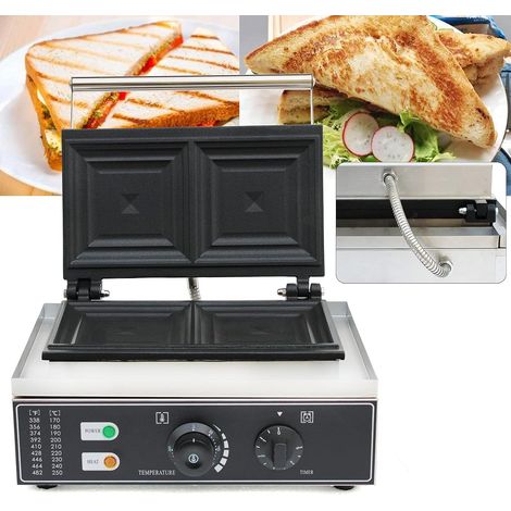 Machine à croque-monsieur commerciale 1500 W, double plaque de cuisson 15 x 15 cm, minuterie 5 minutes, 50-300 °C pour cafés et boulangeries (1/5)