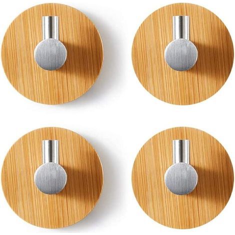 Lot de 4 crochets muraux en bambou, crochets en acier inoxydable, crochets adhésifs en bambou, crochets porte-serviettes auto-adhésifs sans perçage pour salle de bain, toilettes et cuisine (1/5)