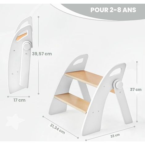 Kids Wooden Folding Step Stool with 2 Steps Capacity with Non-Slip Mat and Handles, Stool for Bedroom, Bathroom, Kitchen, White (1/4)