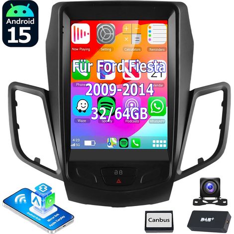 Autoradio Android 15 32/64Go pour Ford Fiesta (2009-2014) - Apple CarPlay, DAB+ en Option, GPS, Wi-Fi, Commande au Volant - 4+64G DAB+ CAM