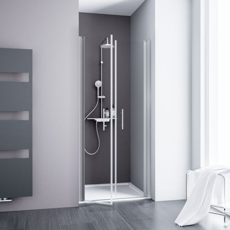 Portes de douche battantes, verre 5 mm transparent anticalcaire, profilé alu-argenté, Schulte, 80 x 192 cm (1/4)