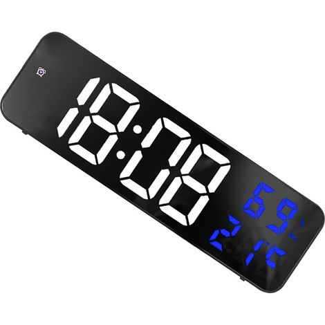 Grand miroir numérique horloge LED, écran d'alarme électronique pour la maison, prise murale, blanc et bleu