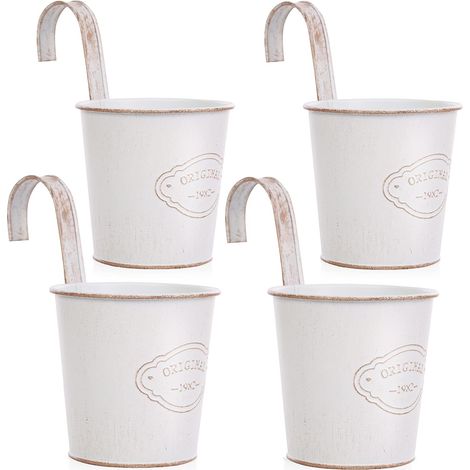 4 macetas colgantes de metal con orificio de drenaje, pequeñas macetas blancas con gancho desmontable, estilo vintage para balcón, jardín, exterior e interior (1/5)