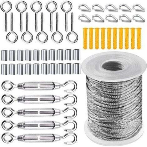 Kit de Câble Métallique, Cable Acier Jardin Tendeur, Corde en Acier Inoxydable à Suspendre Kit, 50m Câble en acier inoxydable revêtu de Nylon pour Corde à Linge Corde de Tente, 56 Pièces RWEtendoir (1/5)