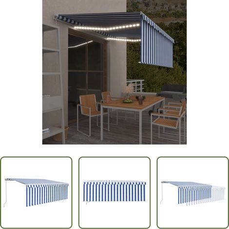 Auvent rétractable - Auvent manuel rétractable avec store et LED 4,5x3 m Bleu blanc (1/5)