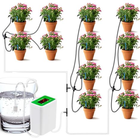 Automatisches Bewässerungssystem, Tropfbewässerungsset für Pflanzen, 12 Tropfpfeile, LED-Anzeige und USB-Stromversorgung, automatisches Bewässerungssystem für Zimmerpflanzen (js12)