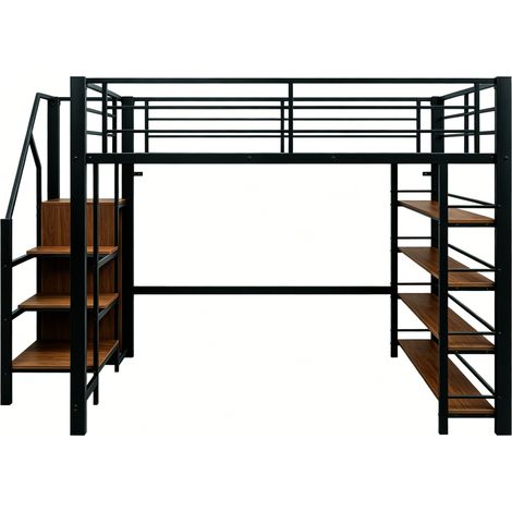 Letto a soppalco 140x200 in metallo nero con scala contenitore, ripiani e armadio (1/5)