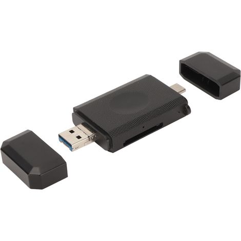 Lettore di schede 3 in 1 USB C OTG plug-and-play con doppio slot per schede ad alta velocità, supporta schede in formato SDHC, MMCII, RS MMC, TF, MicroSDHC, MicroSDX fino a 512 GB.