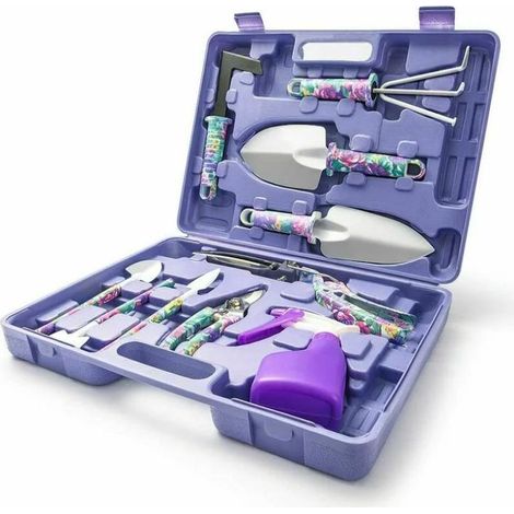 Kit de herramientas de jardinería de 10 piezas. Kit de regalo con mango ergonómico y estuche de almacenamiento inoxidable: paleta, rastrillo, desmalezador, tijeras, pulverizador y pala. (1/5)