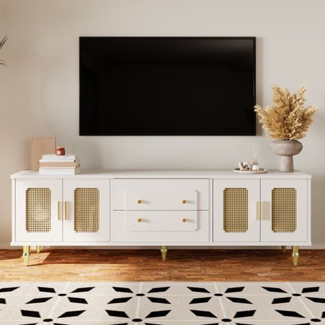 Meuble TV blanc,Meuble TV salon,175x38x55.5cm,avec poignées dorées,nombreux rangements,Meuble TV avec tiroirs avec porte en rotin et pieds en métal (1/5)