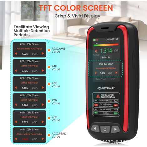 Détecteur de radon portable, capteur à semi-conducteur, rechargeable, rouge et noir (1/5)