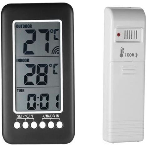 QORVA-Thermomètre sans fil intérieur/extérieur, horloge 2 en 1, thermomètre LCD °C/°F, thermomètre numérique intérieur/extérieur, horloge, mesure de température avec émetteur (1/4)