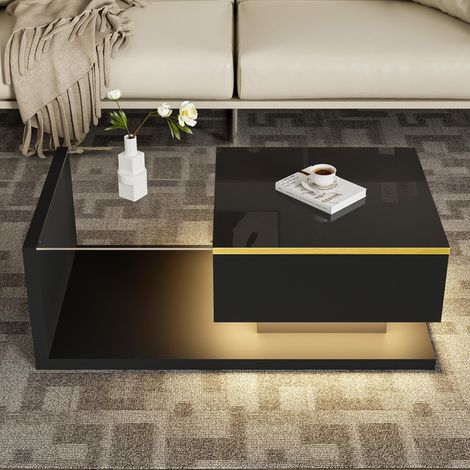 Design-Couchtisch lackiert – 90 x 50 x 32,5 cm – Hartglas mit Bluetooth-steuerbarer RGB-LED-Beleuchtung – Schwarz lackiert