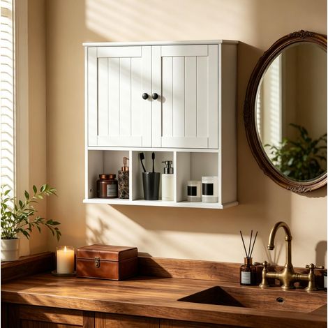 Armoire de salle de bains murale 2 portes et 3 niches ouvertes 60x19,5x60 cm blanche OKMYHOME (1/5)