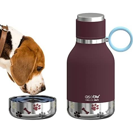 Asobu Gamelle pour chien attachée à une bouteille de voyage isolée en acier inoxydable pour les humains 33 oz (bourgogne). (1/5)