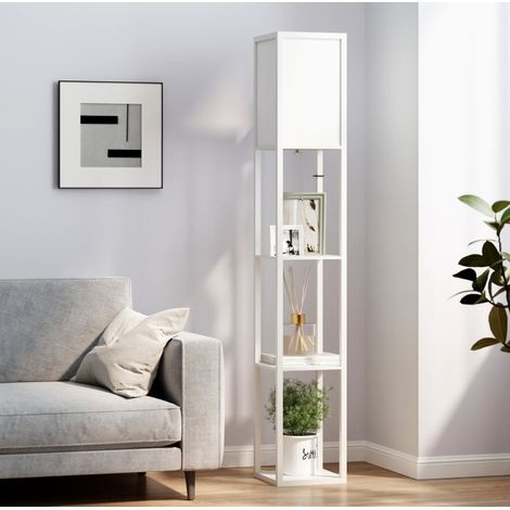 Lampada da terra con mensole in legno bianco 26 x 26 x 160 cm, per salotto e camera da letto (1/5)