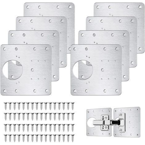 Plaque Reparation Charniere Porte, 8 Pièces Charnière Porte Placard, Réparation Charnière Meuble, Kit de Réparation Meuble en acier inoxydable avec 64 Vis (1/5)