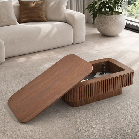Mesa de centro rectangular 98 cm con almacenamiento oculto, tablero elevable, MDF y chapa de madera - nogal (1/5)