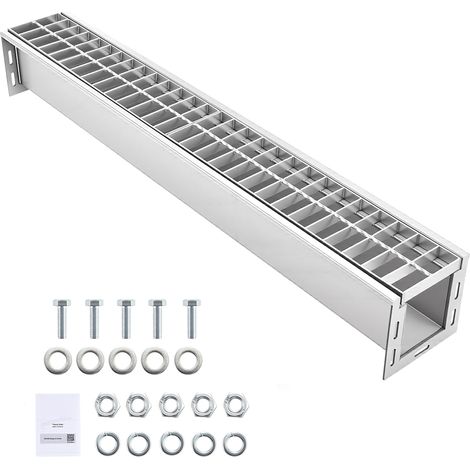 Mophorn Canaletta di drenaggio lineare 996 x 148 x 140 mm con griglia metallica, griglia in acciaio zincato e canale in acciaio inox 304, ideale per vialetti, patii, piscine e giardini, colore argento (1/5)